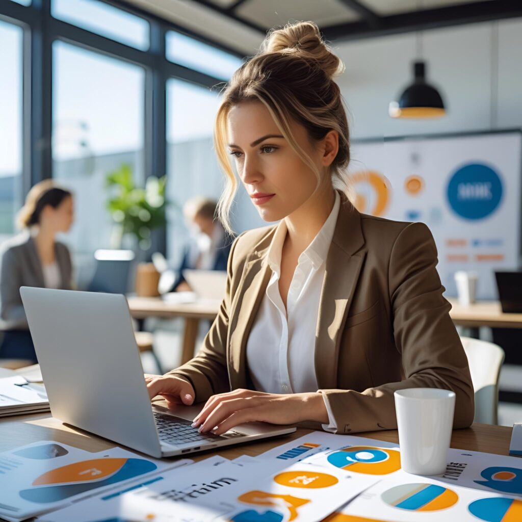 a woman working on her laptop as digital marketing expert
